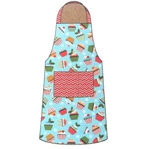 Pantry Apron Cupcakes Snowflakes on Blue Red Chevron Pocket Straps Cotton NEW